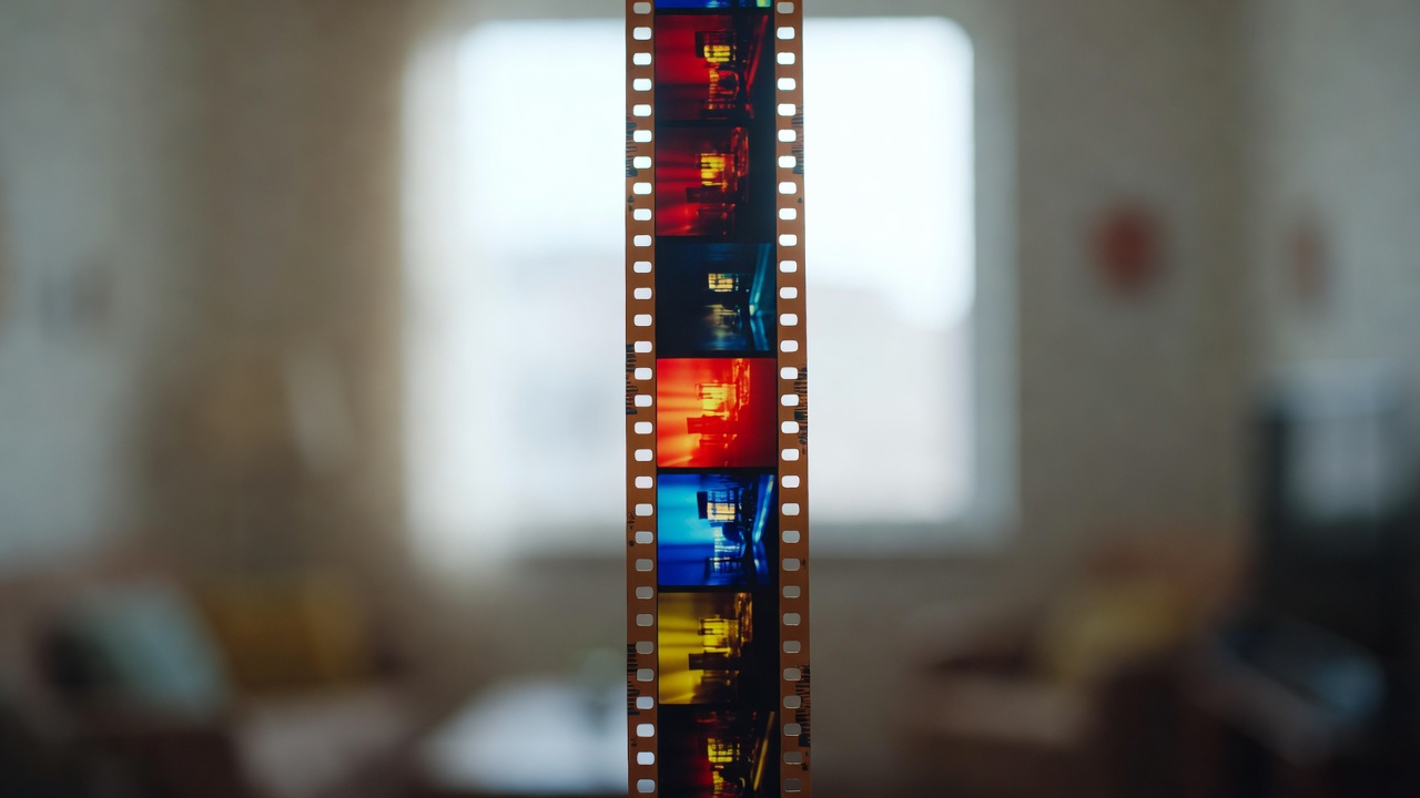 Length of 35mm colour film held against window light, frames and soundtrack sharply visible, room blurred