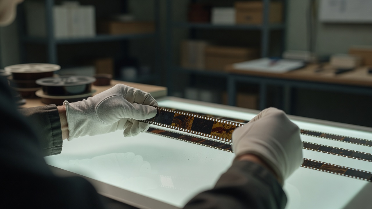 Gloved hands of an archivist inspecting a strip of film over a light table, background softly blurred