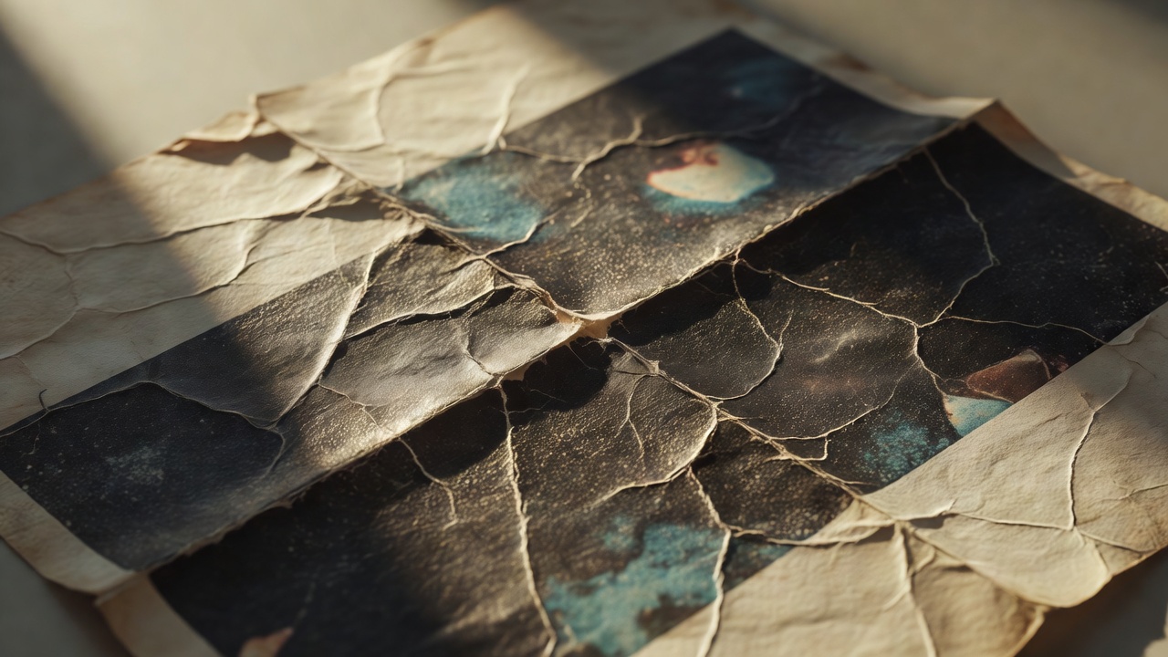 Raking light across a folded vintage film poster, crease lines and ink texture in sharp detail
