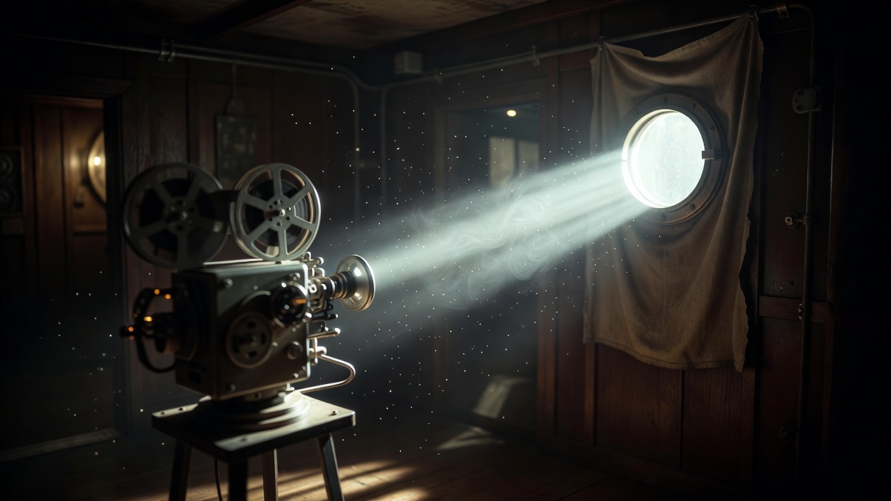 Beam of light passing through a projection booth porthole, dust in the air and a projector in soft focus