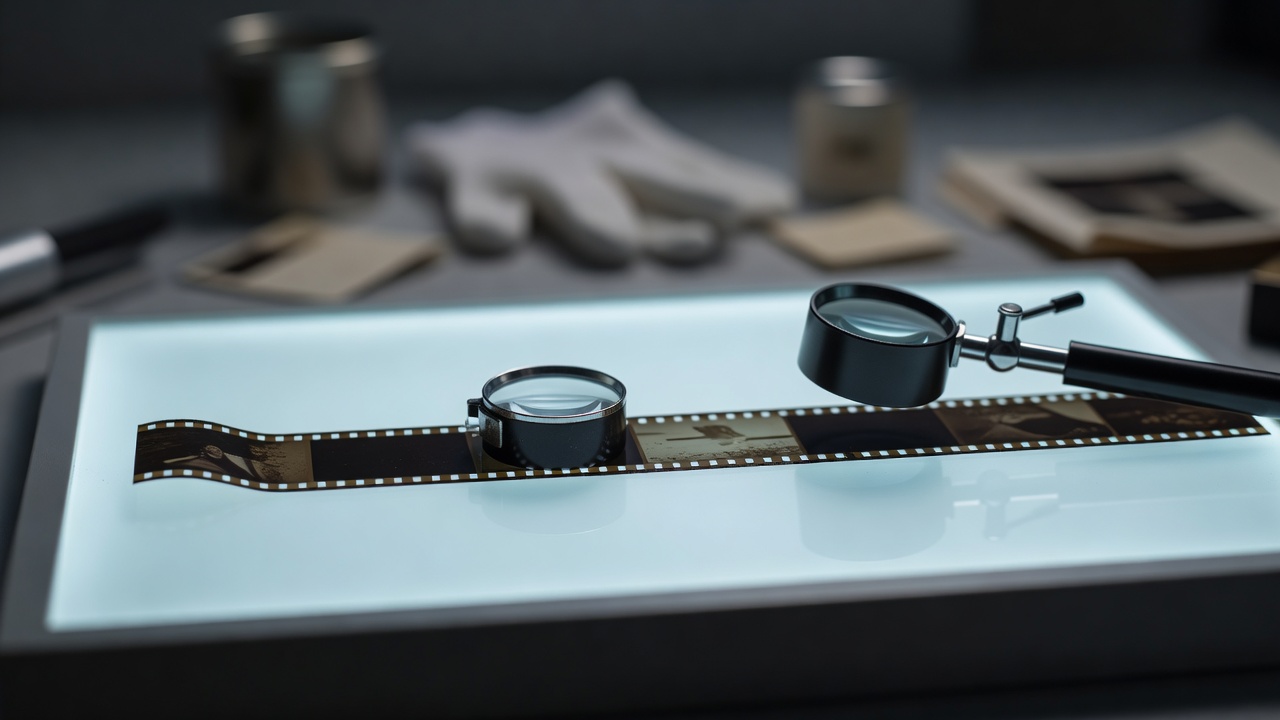 Jeweller's loupe resting on a strip of film on a lightbox, background in soft blur